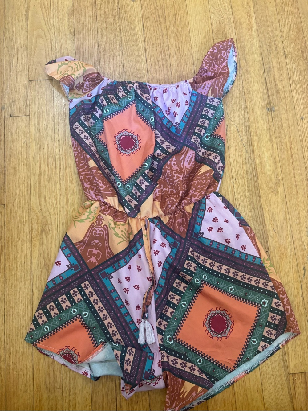 Boho Patchwork Print Women's Camisole Romper in Coral and Teal